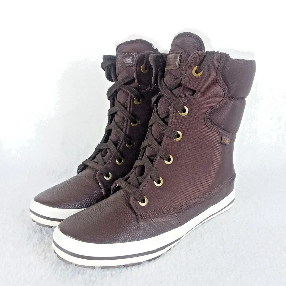 Keds Droplet Leather Canvas Dark Brown Winter Boots Fleece Lined‎ Women's 8.5