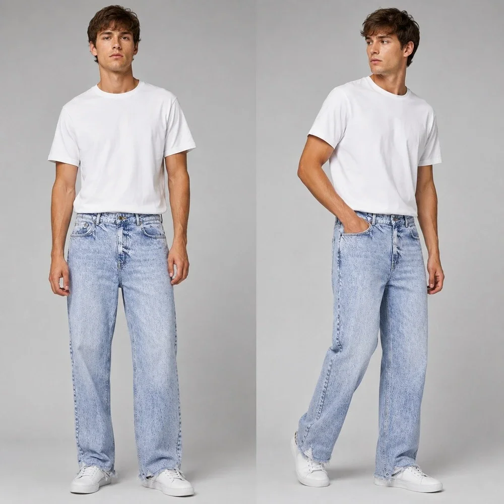 Zara Men(uni) Light Wash Straight Leg Distressed Raw Hem JeansBlue Denim Size 32