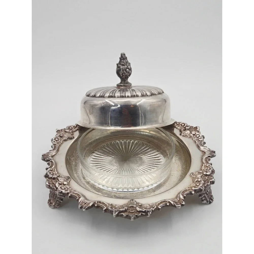 Continental Silver Co Silver Plated Footed Butter Dish - Glass Insert -Domed Lid