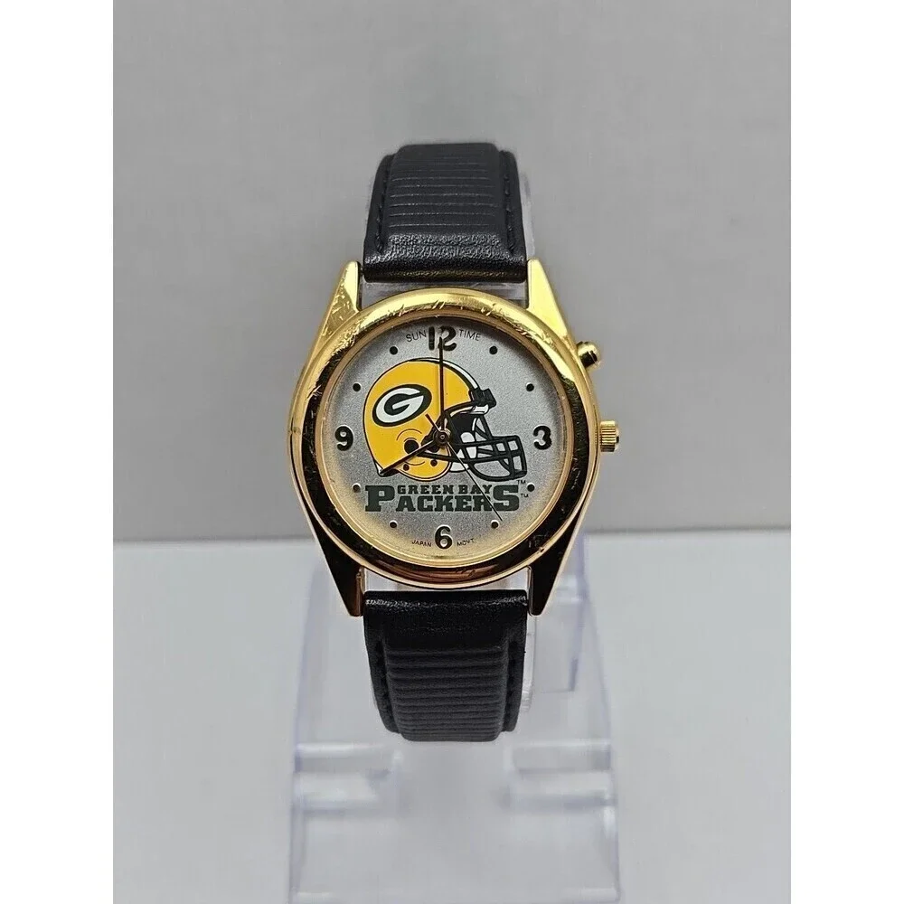 Green Bay Packers Sun Time Quartz Analog Watch Gold Tone Football New Battery