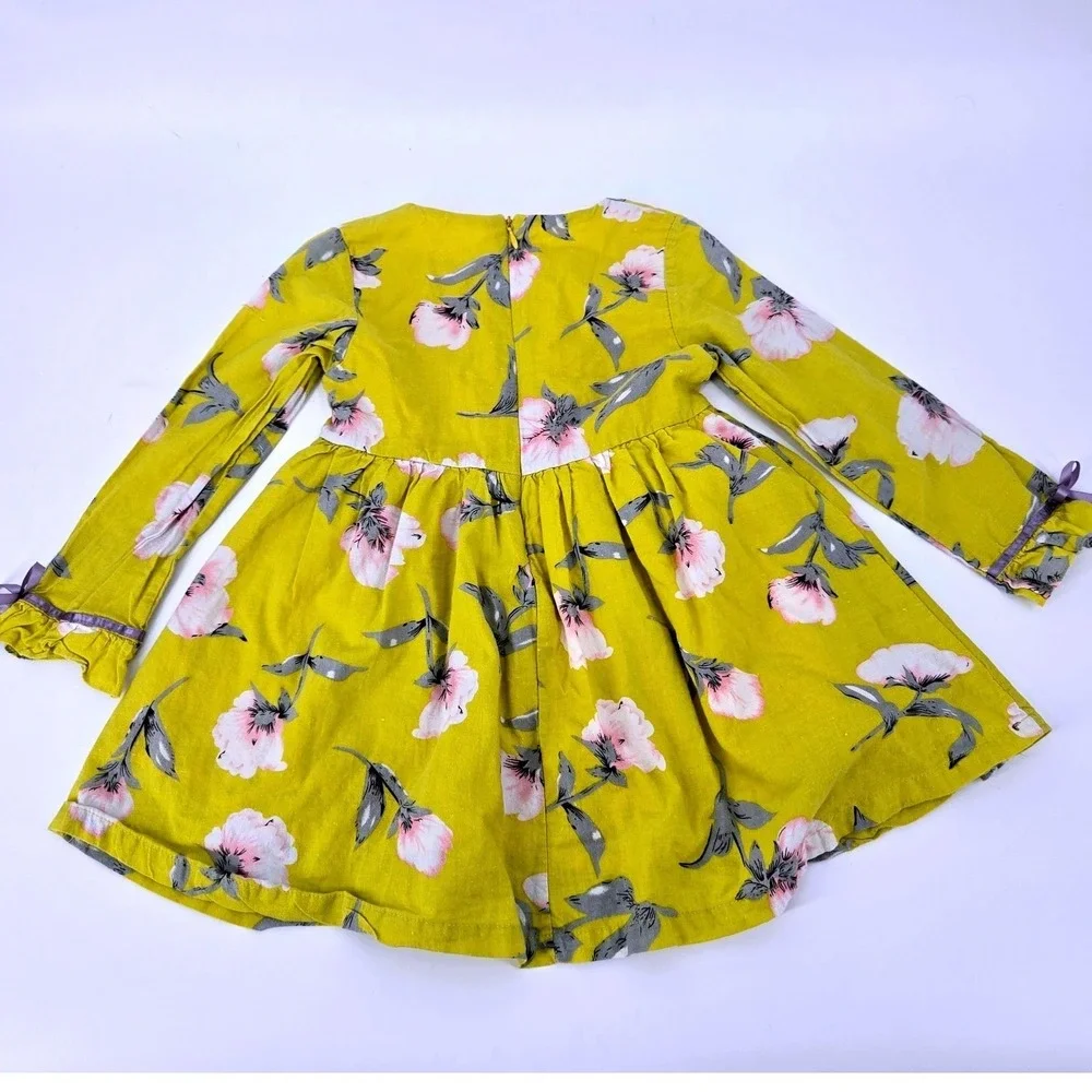 Bear Leader Mustard Yellow Floral Ruffle Sleeve Cotton Jumper Dress‎ Size 120