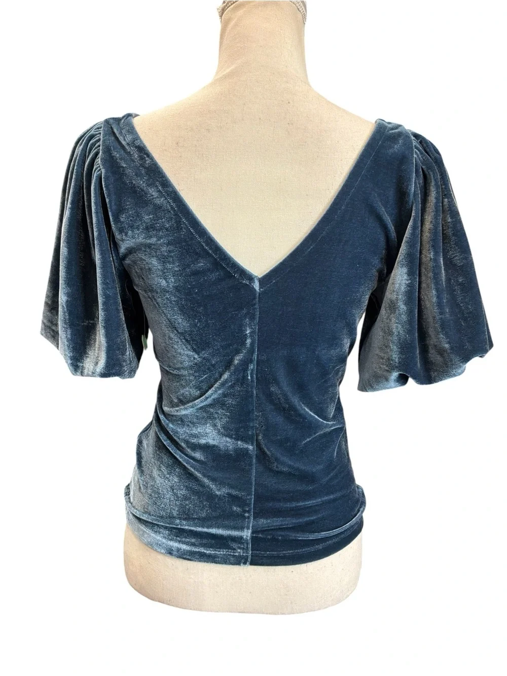 Free People Velvet Ruched Puff Sleeve V-Neck Top Blue Gray Small NWT