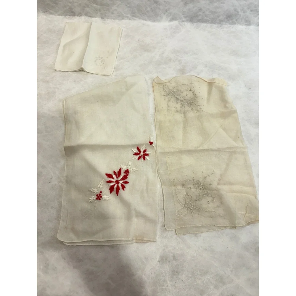 Vintage Handkerchief‎ Lot 5pc Embroidered Floral Lace Rayon White Cream Red