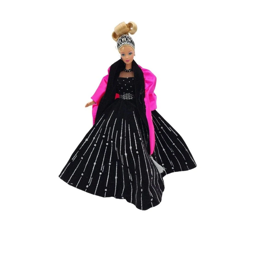 1998 Happy Holidays Barbie Doll Black Pink Silver Gown Tiara Jewelry Loose 12
