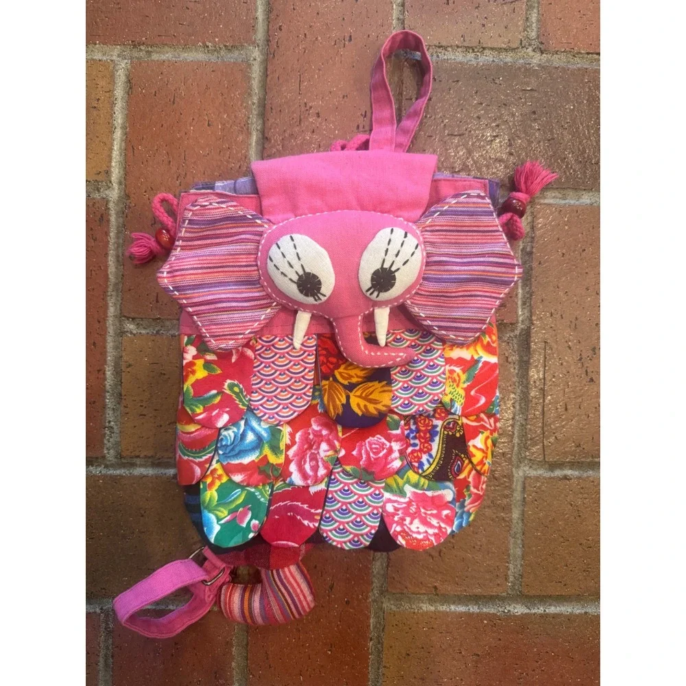 Kids Pink Elephant Patchwork Backpack Boho Floral Striped Drawstring‎ Bag