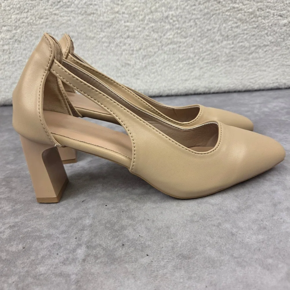 Nude Beige Pointed Toe Block Heel Pumps with Side Cutouts Size 6.5