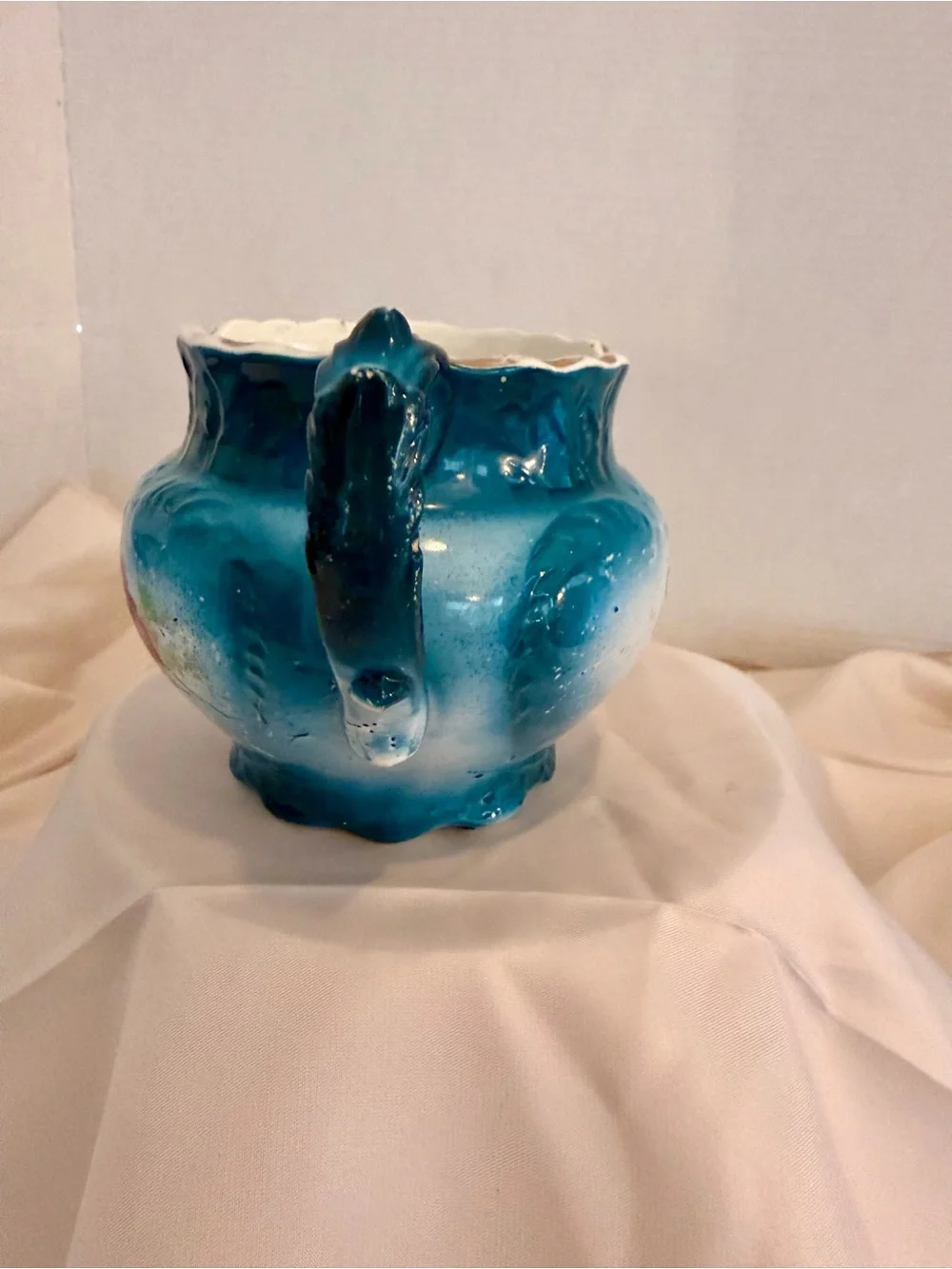 Vintage Turquoise Ironstone Creamer with Pink Rose Motif