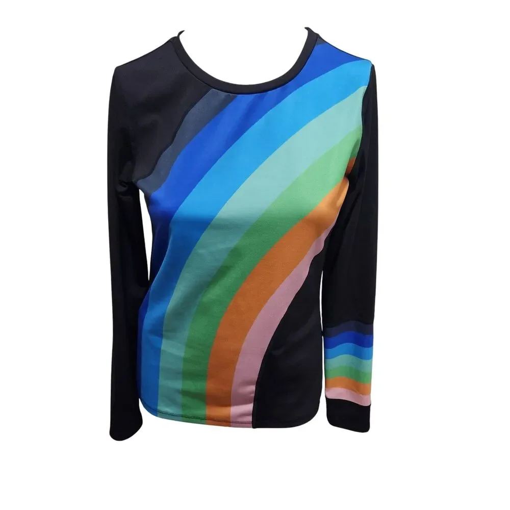 Free People Movement Black Rainbow Stripe Long Sleeve Stretch Top Large‎
