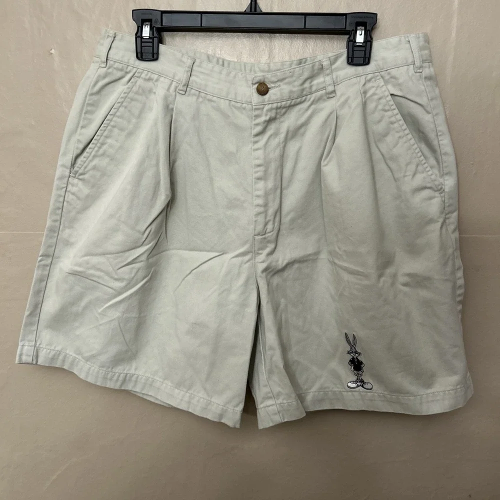 Vintage Looney Tunes Rabbit Embroidery Khaki Men's‎ 36 Shorts Pleated
