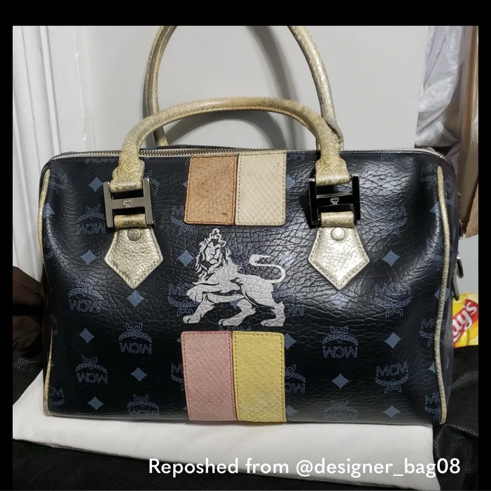 MCM Black Satchel with Pink, Yellow & Tan Accents