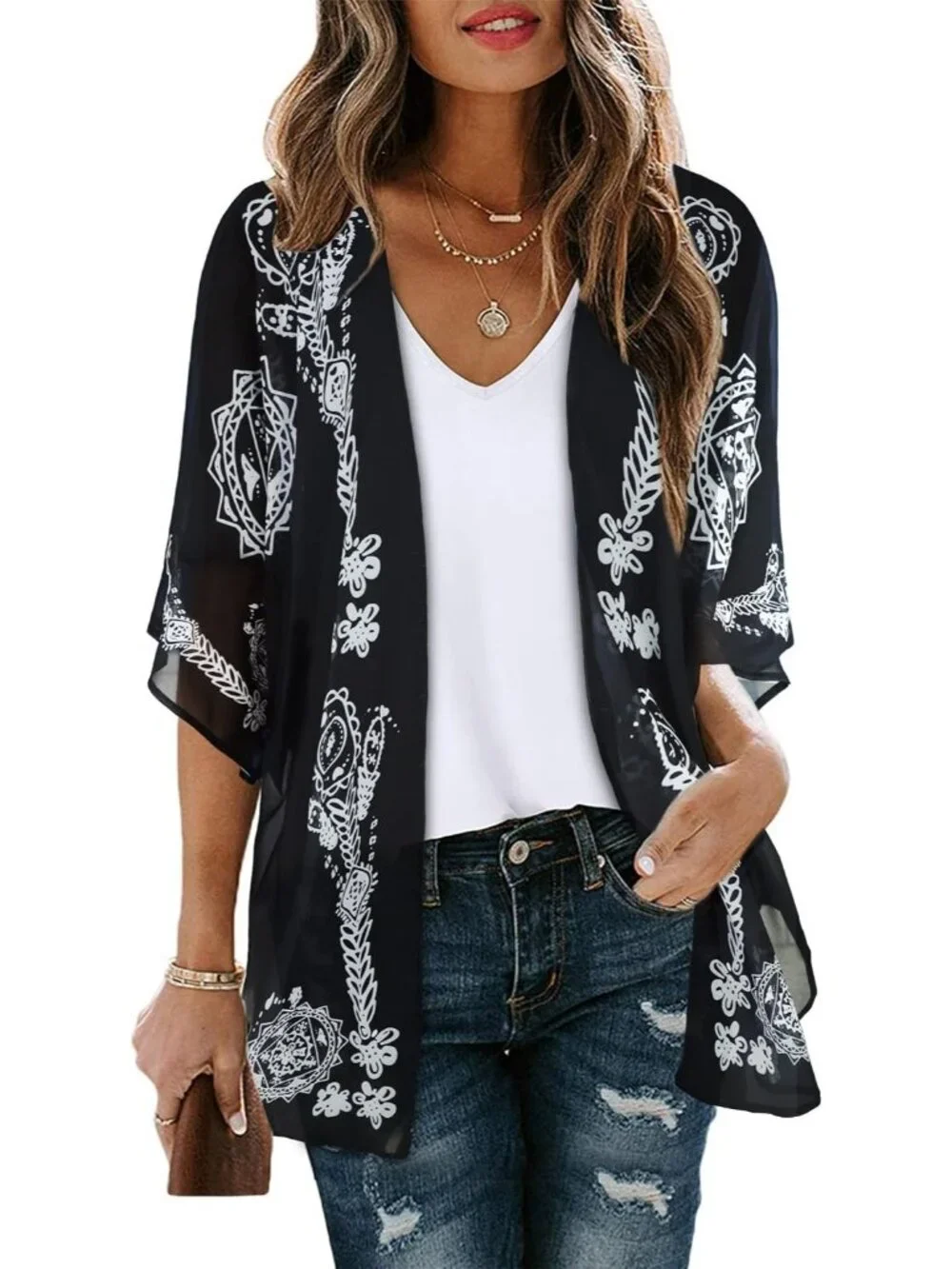 Women Black Polyester Kimono Cardigan Beach Swimwear Top Cover Up Puff Sleeve