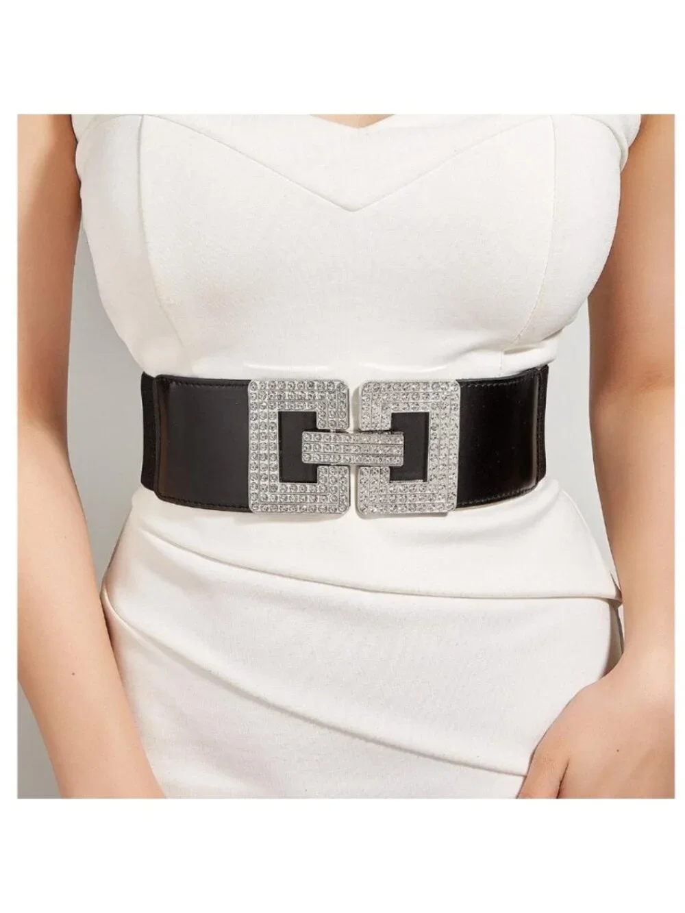 Silver/Black Square Rhinestone Stretch Belt