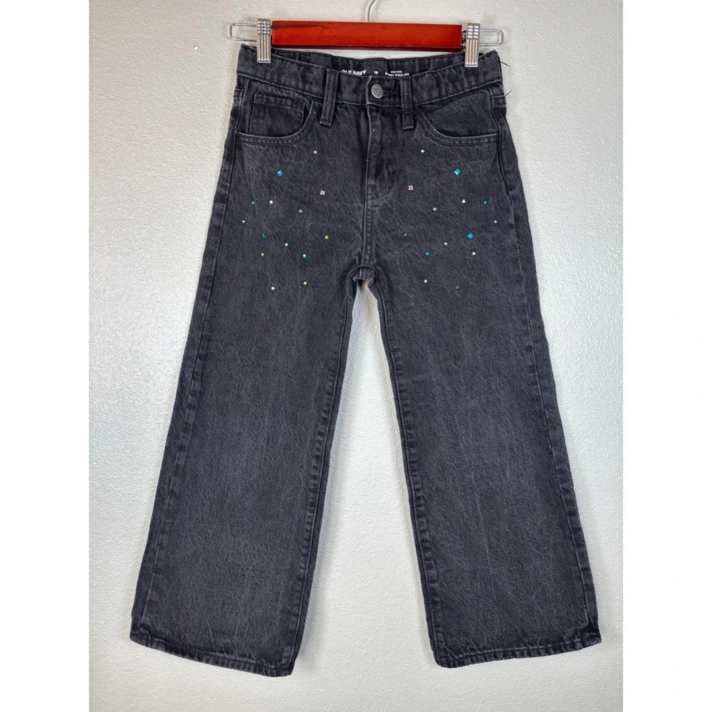 Old Navy Kids Girls Sz 10 Black Wide Leg‎ Jeans Rhinestone Embellished High Rise
