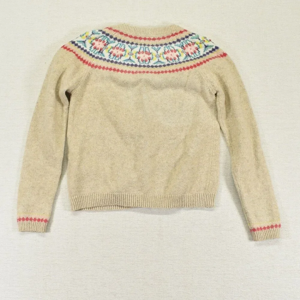 Mini Boden Girls Fair Isle Cardigan Sweater Oatmeal Beige Yoke Button Front 9-10