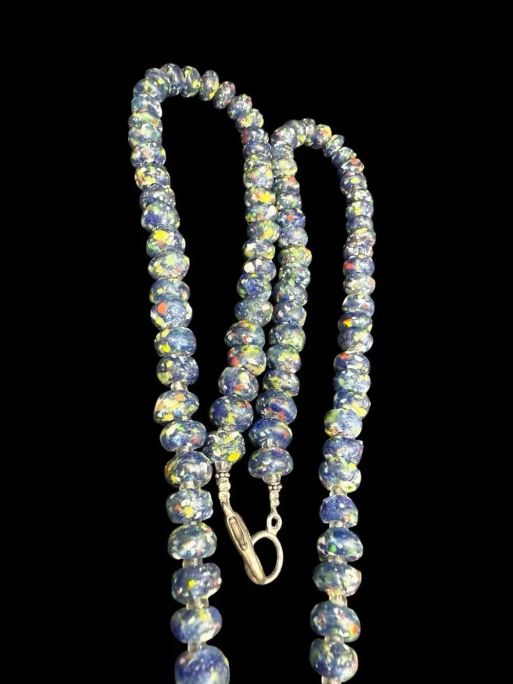 Vintage Venetian Murano Blue Art Glass Floral Wedding Cake Beads Necklace 32”