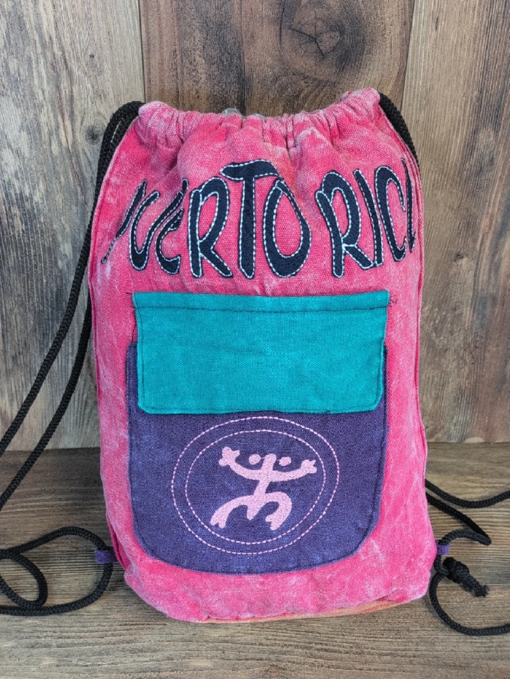 Puerto Rico Pink Drawstring Shoulder Bag with Teal Pocket        AB165