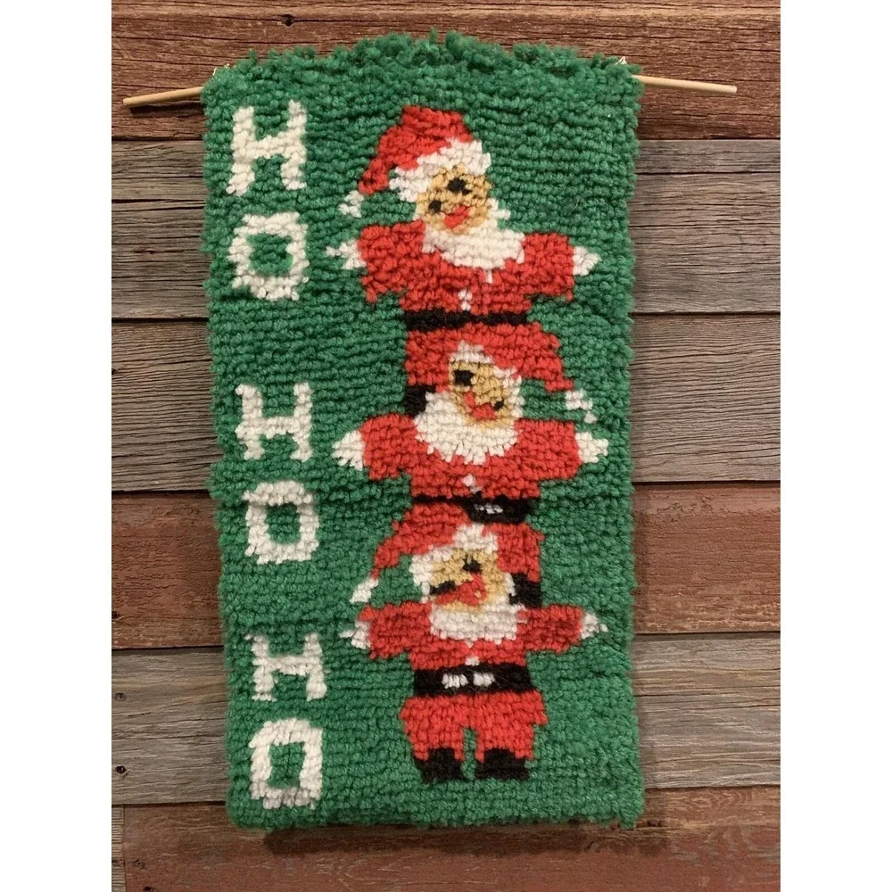 Vtg Latch Hook Rug Wall Hanging Decor Triple Santa Christmas 12