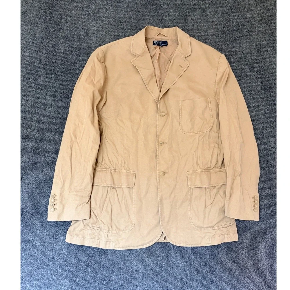 Polo Ralph Lauren Mens XL Khaki Tan Cotton 3 Button Blazer Sport Coat Jacket