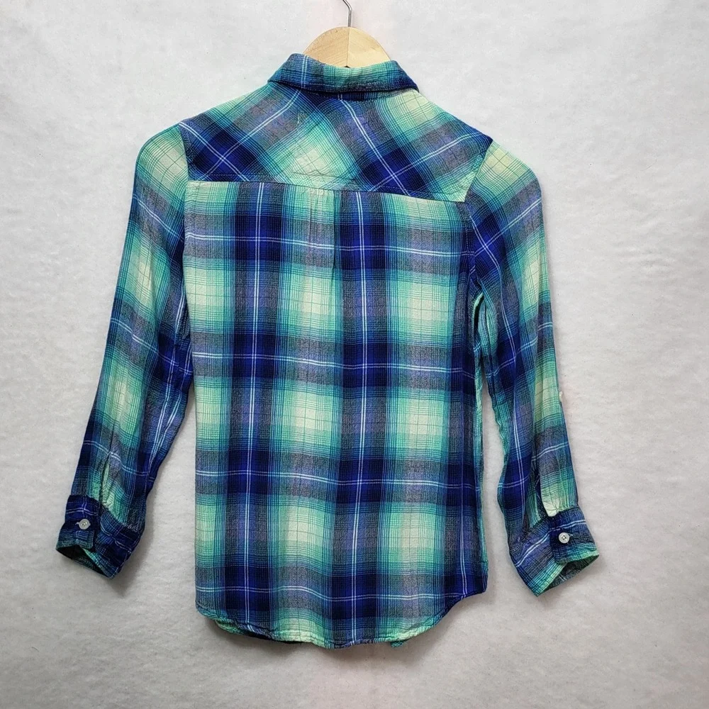 Justice Girls Blue‎ Teal Plaid Button Down Shirt Roll Tab Sleeve Size 10 Rayon