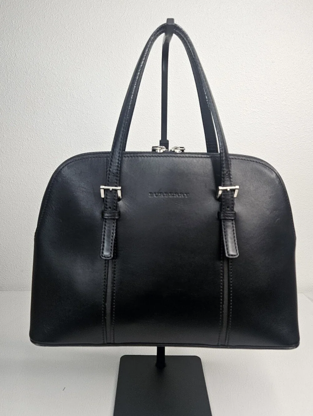Authenic Burberry Black Leather Tote Shoulder Bag Nova Check Lined