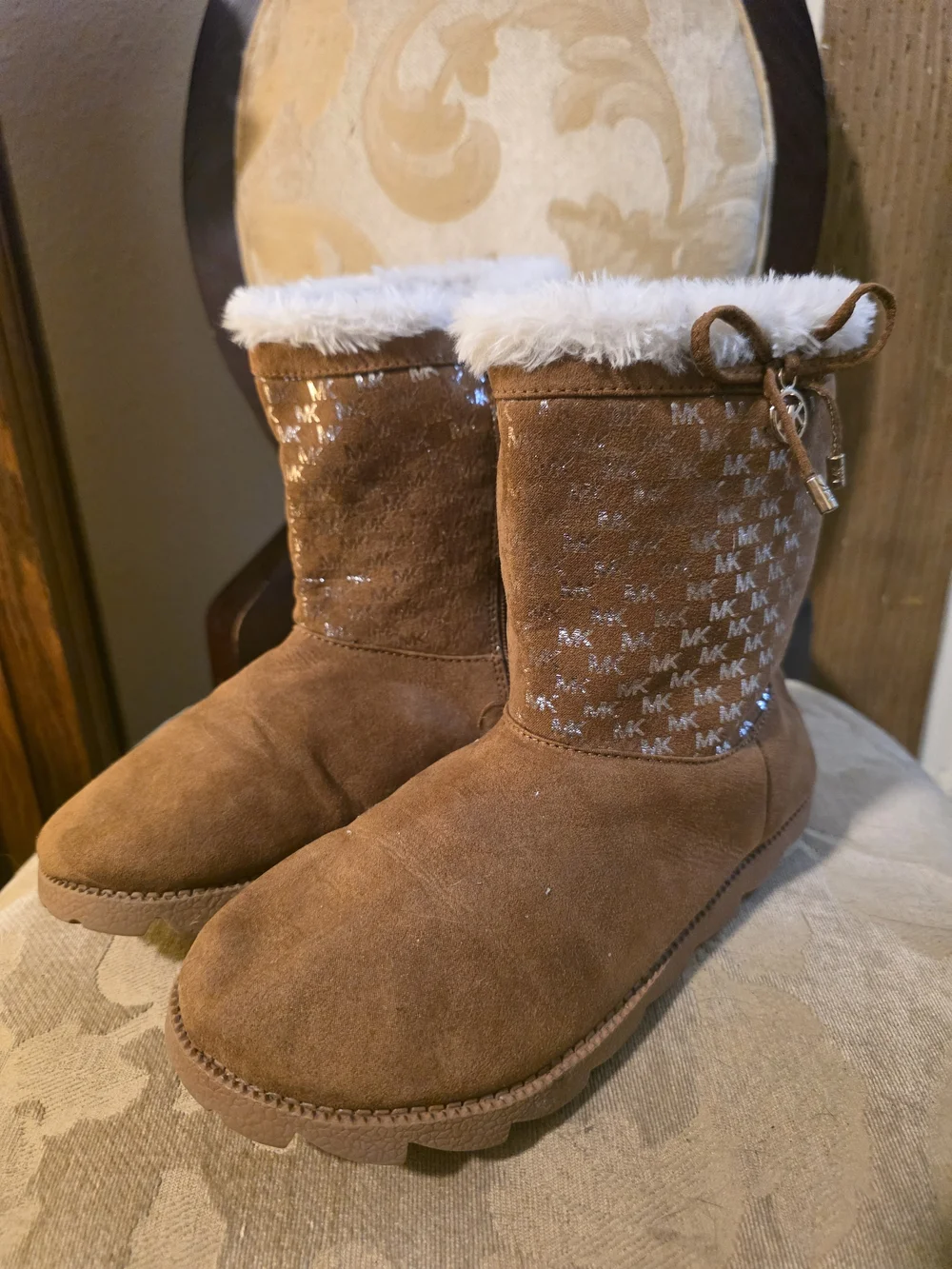 MICHAEL KORS Brown MK Logo Faux Fur Lined Suede Boots