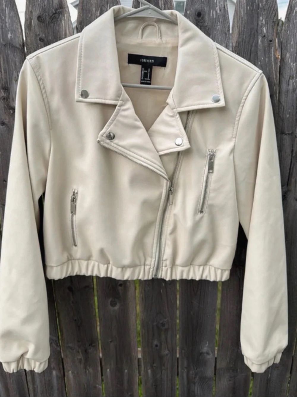 Forever 21 Off-White Cropped Faux Leather Moto Jacket