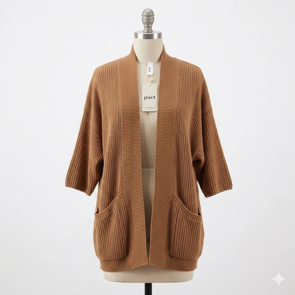 NWT Pact Organic Cotton Knit Camel Brown Sweater Cardigan Size M/L