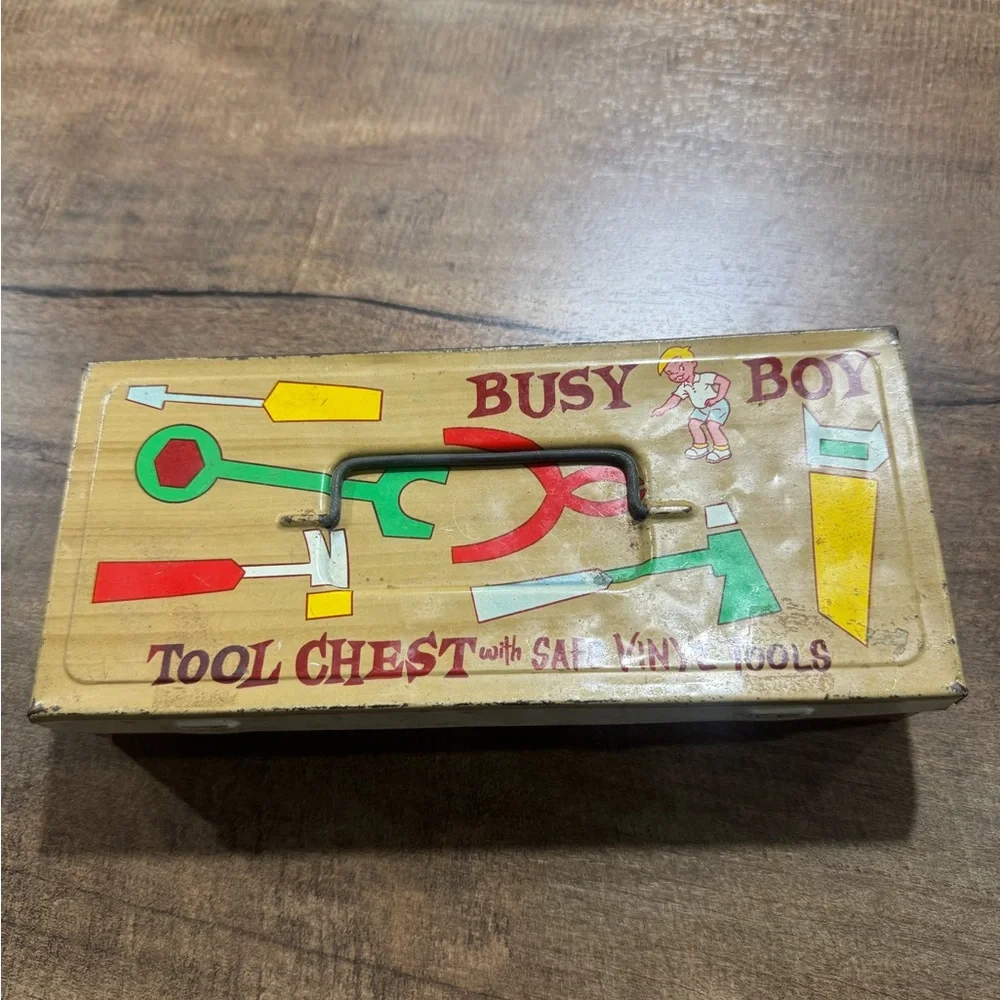 OHIO ART BUSY BOY TIN TOOL CHEST WITH SAFE VINYL TOOLS. PLIERS & 2 SCREWDRIVERS.