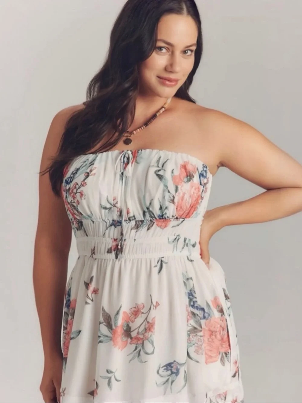 Anthropologies Somerset Strapless Smocked Floral Midi Dress Ivory Cottagecore M