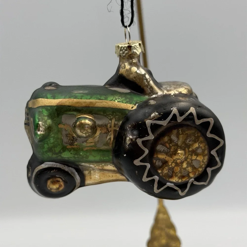 Mercury‎ Glass Hand Painted Green Tractor Ornament with Gold Detailing
