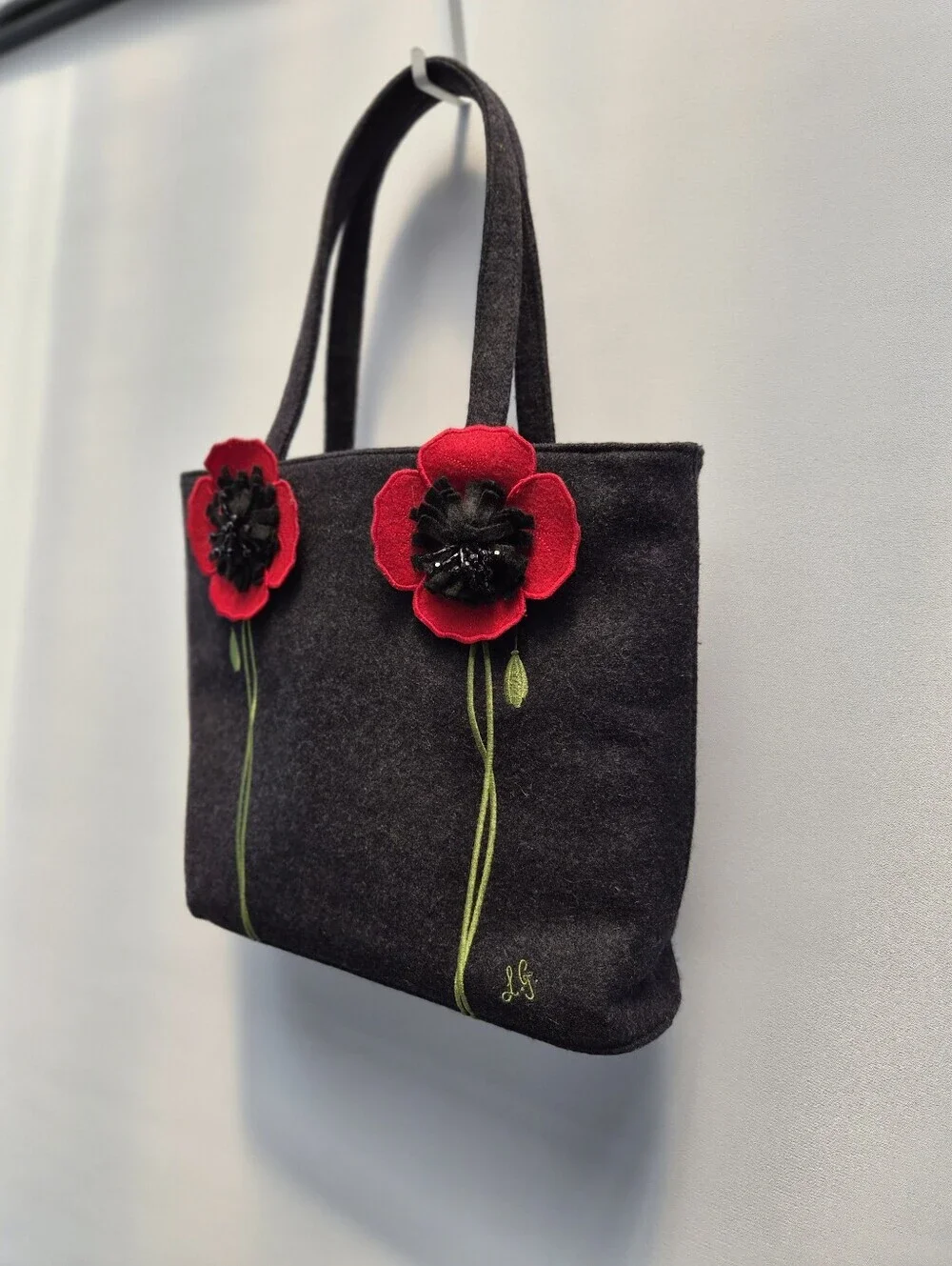 VTG Lulu Guinness Black Wool Felt Poppy Tote Bag Handbag Red Floral Embroidered