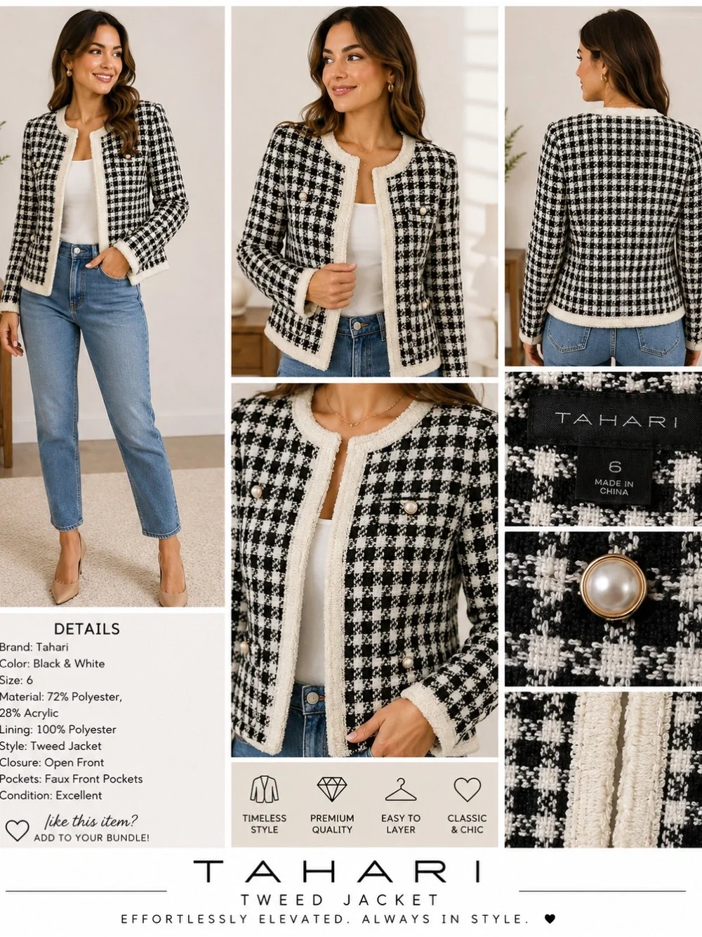 Tahari Black and White Houndstooth Tweed Jacket with Pearl Buttons