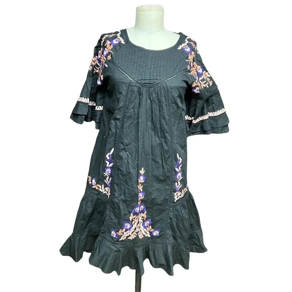 Free People Pavlo Embroidered Smock‎ Dress Black Purple Floral Size XS
