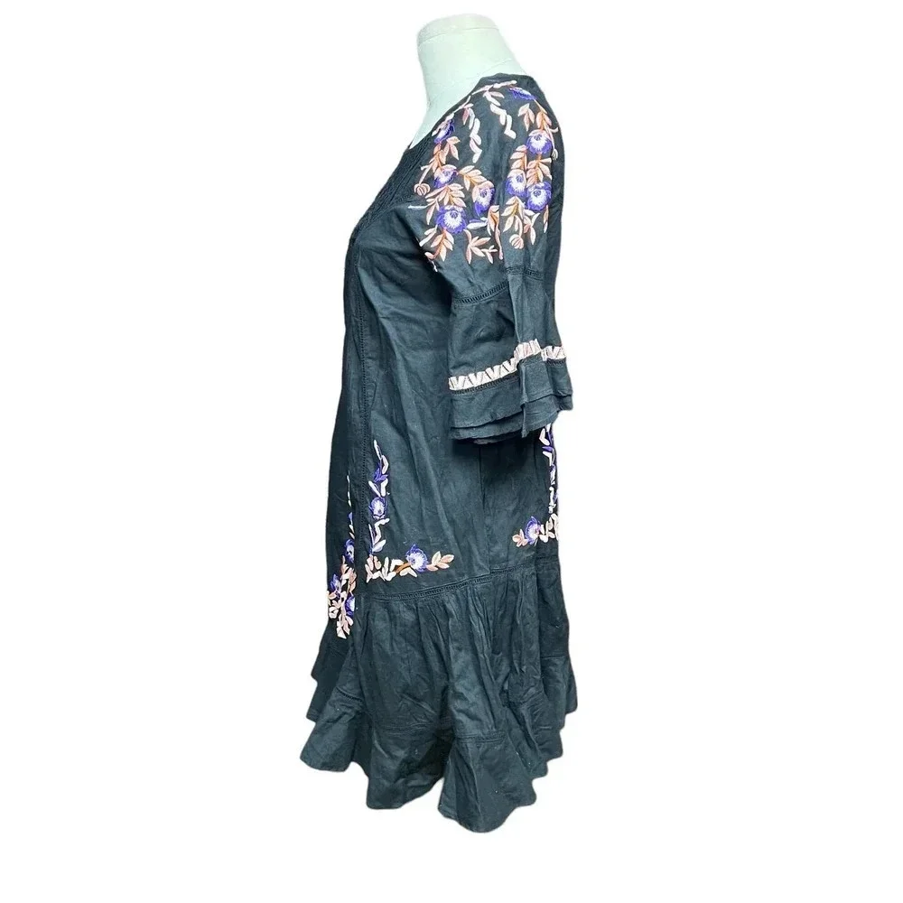 Free People Pavlo Embroidered Smock‎ Dress Black Purple Floral Size XS