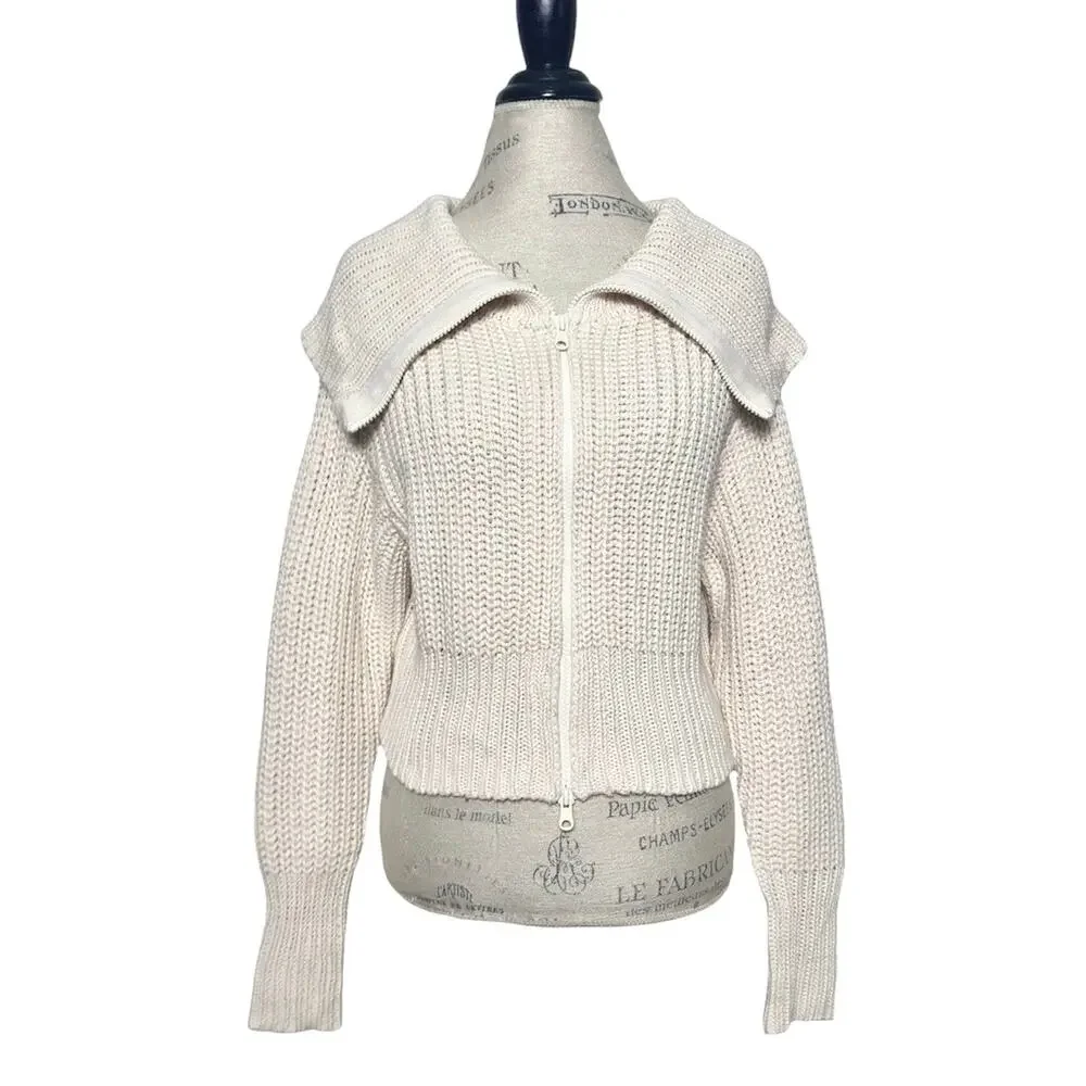 Aerie | Women | Double Zip Cream Ribbed Cotton Yarn Cropped Cardigan | Small