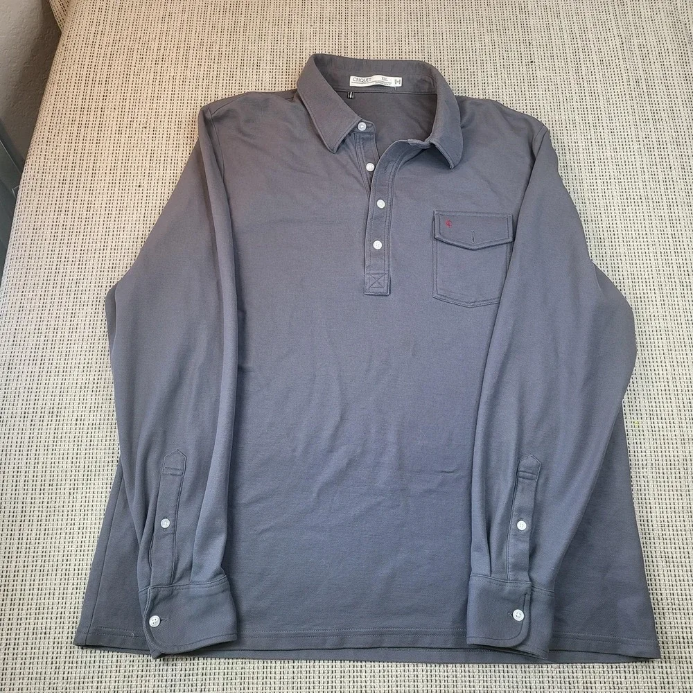 Criquet Polo Shirt Mens 2XL Gray Long Sleeve Pocket‎ Knit Casual Golf Logo