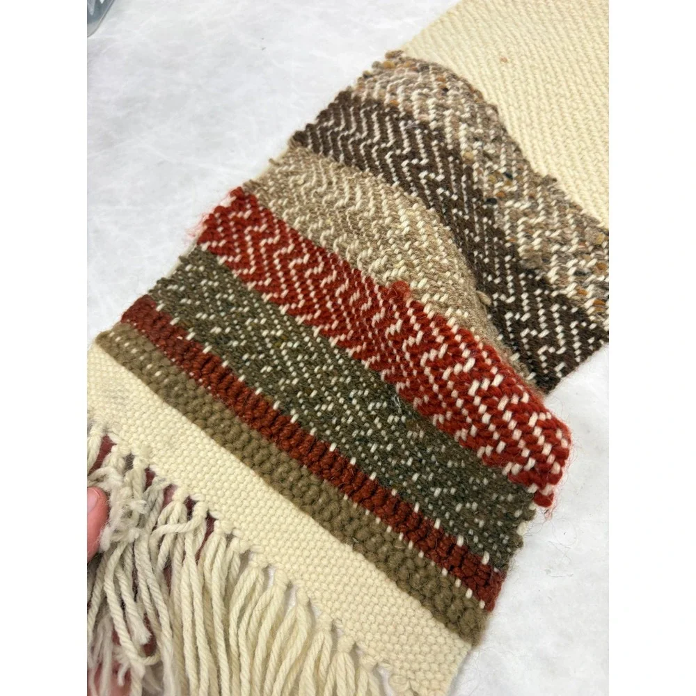 Vintage Handwoven Wool Runner Scarf Stiff Textured Striped Fringe Cream 49in