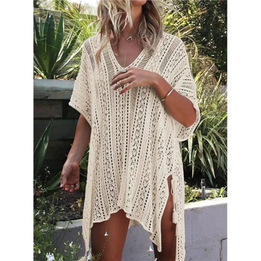 Beige Knit‎ Crochet Bikini Swimsuit Coverup Dress Short Sleeve Swim Beach Dress