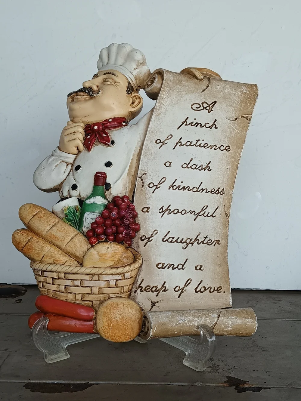 Vtg Chef Figurine Wall Plaque with Basket and Scroll - White, Red, Brown
