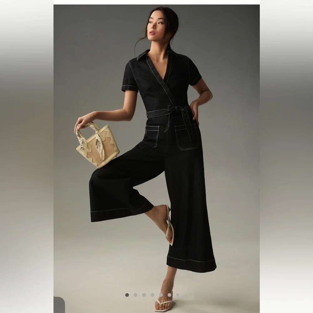 Maeve Black Wide-Leg Wrap Jumpsuit with Contrast Stitching