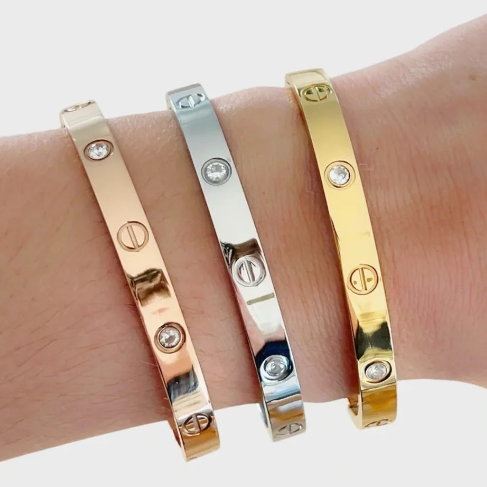 Gold Bangle Bracelet With Stones Stainless Steel 18K Gold Plated
