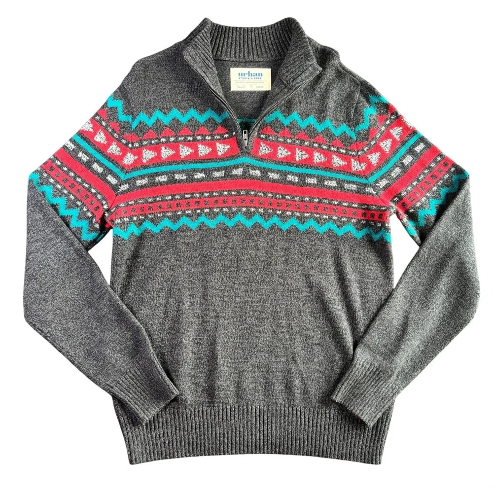 Urban Pipeline Mens Large Gray Fair Isle Geometric Quarter Zip‎ Pullover Sweater