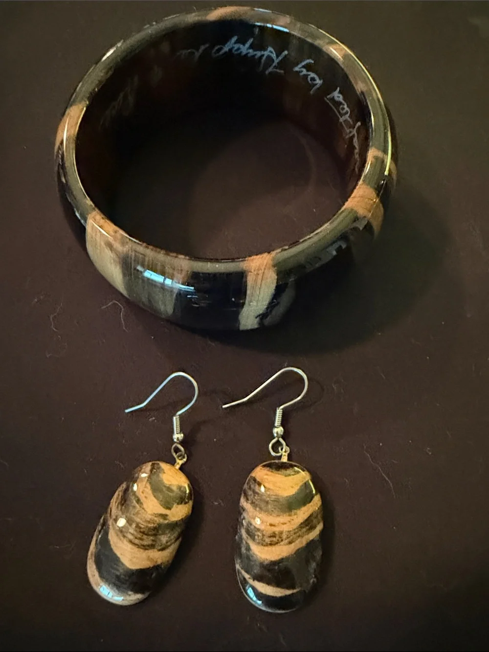 Handmade Black and Tan Cypress Wood Turned Bangle and Earring Set