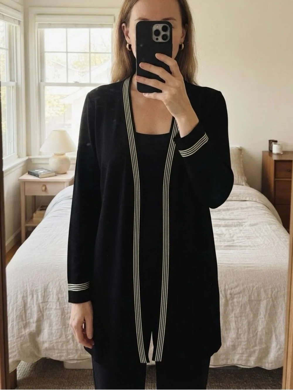 Misook Sleeveless Black Tank with Braided Contrast Trim and Cardigan S:1X 2pc