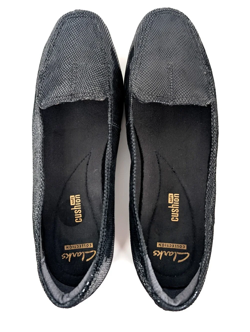 Clarks Collection Black Embossed Leather Loafers Snake Print Flat Loafers 6.5