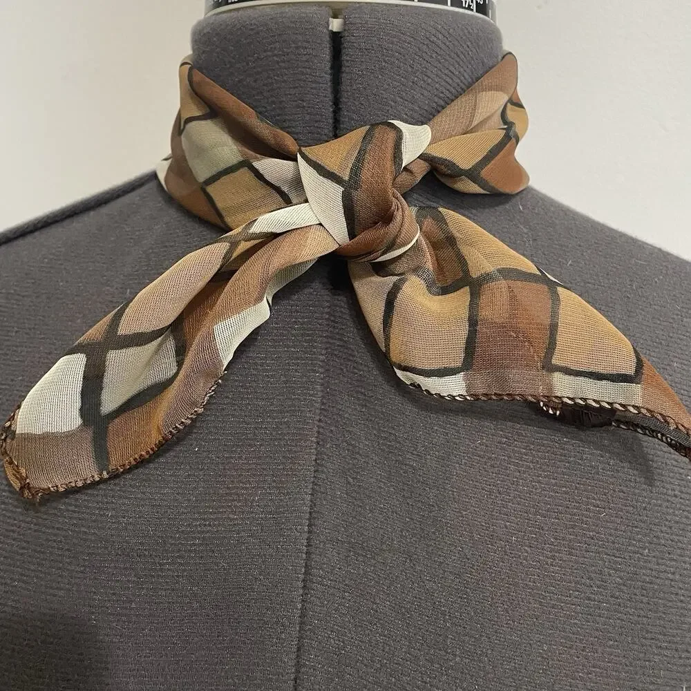 Vintage 90s Square Scarf Brown Tan Cream Check Small 20 X 20 Geometric