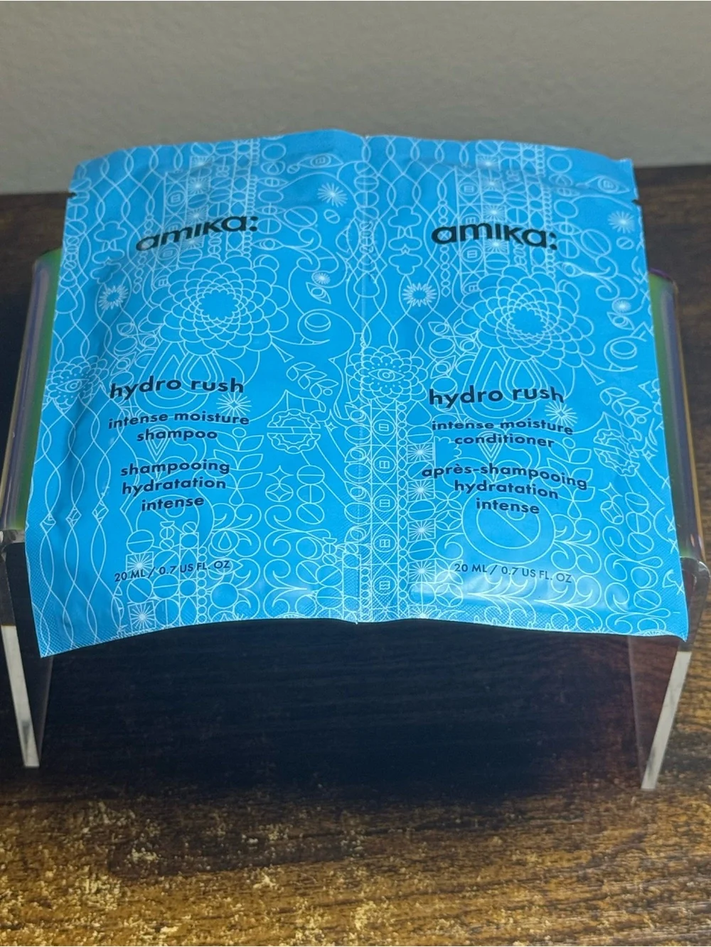 amika Hydro Rush Intense Moisture shampoo and conditioner trial packet