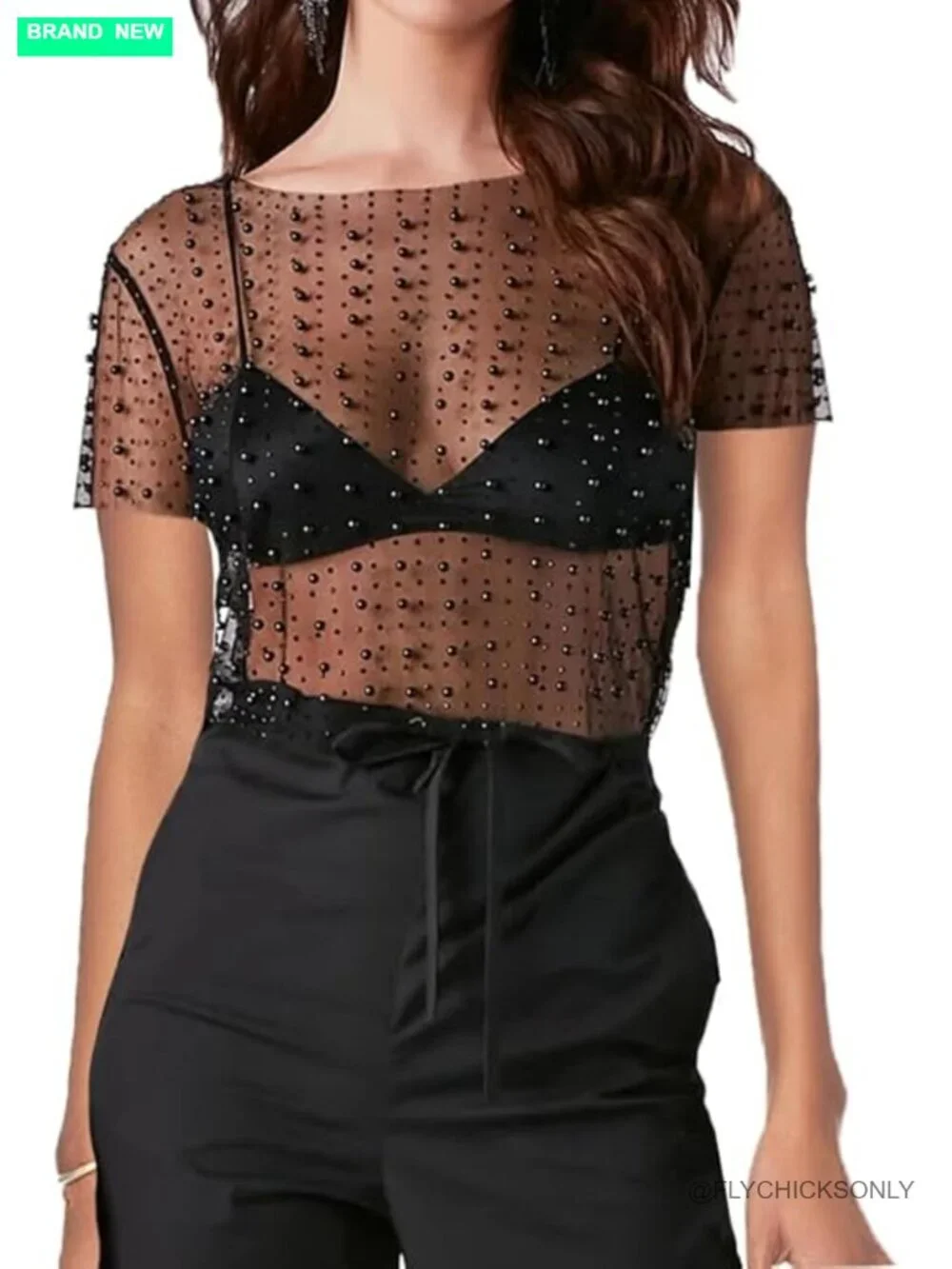 Women Sexy Pearl Rhinestone Beaded Sheer Mesh Crop Tee Slim Fit Short Sleeve