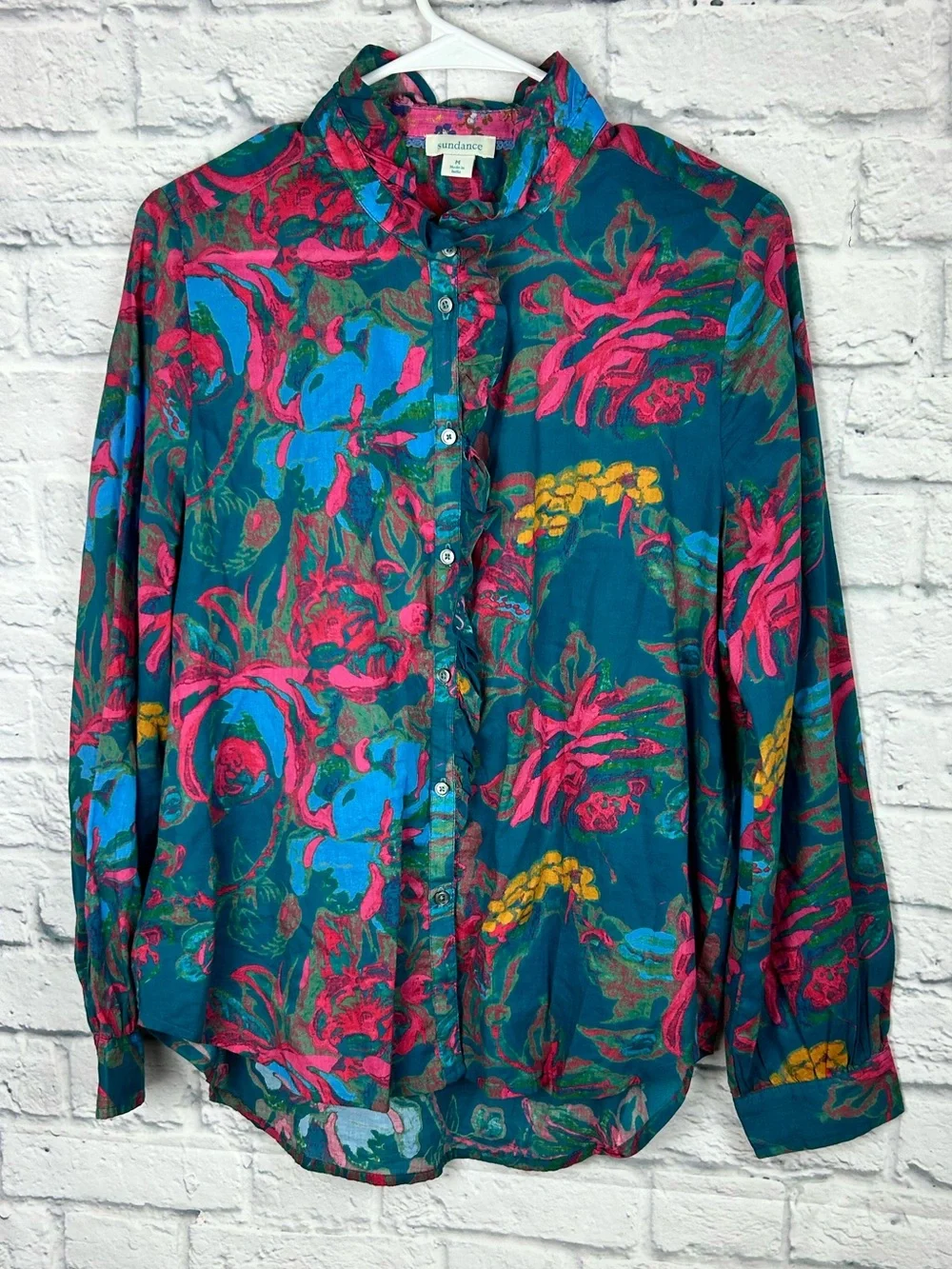 Sundance Floral Button Front Cotton Blouse Teal Pink Long Sleeve Medium