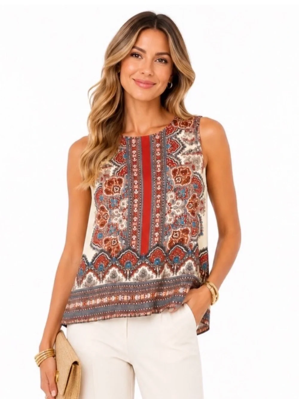 Cynthia Rowley Paisley Sleeveless Button Back Blouse XS